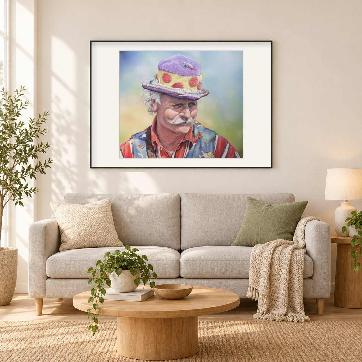 Mann in einem lustigen Hut -  Kunst des Eric Wilson als gerahmtes Diamond Painting im Wohnzimmer