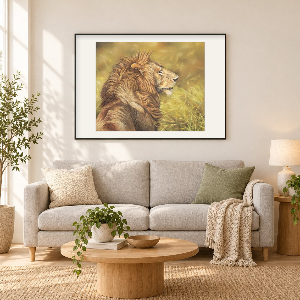 Mara Löwe -  Kunst des Eric Wilson als gerahmtes Diamond Painting im Wohnzimmer