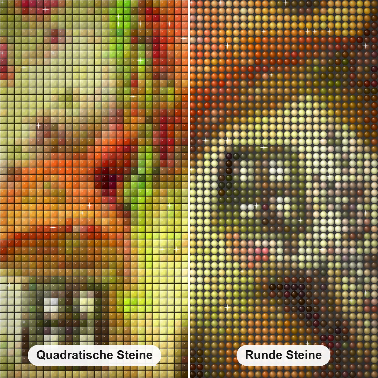 Märchen Pilzhaus Diamond Painting Nahaufnahme mit quadratischen und runden Steinen