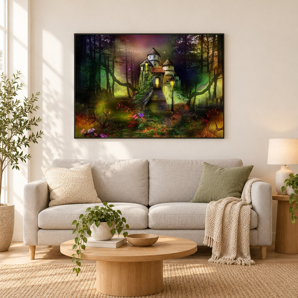 Märchenschloss in den Fantasie Wäldern als gerahmtes Diamond Painting im Wohnzimmer