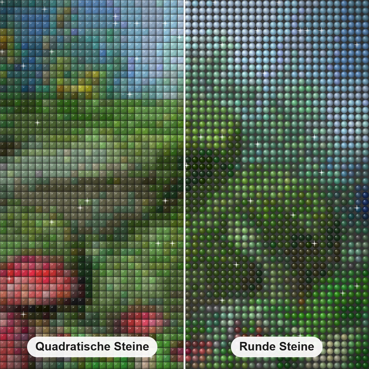 Märchenwald Diamond Painting Nahaufnahme mit quadratischen und runden Steinen