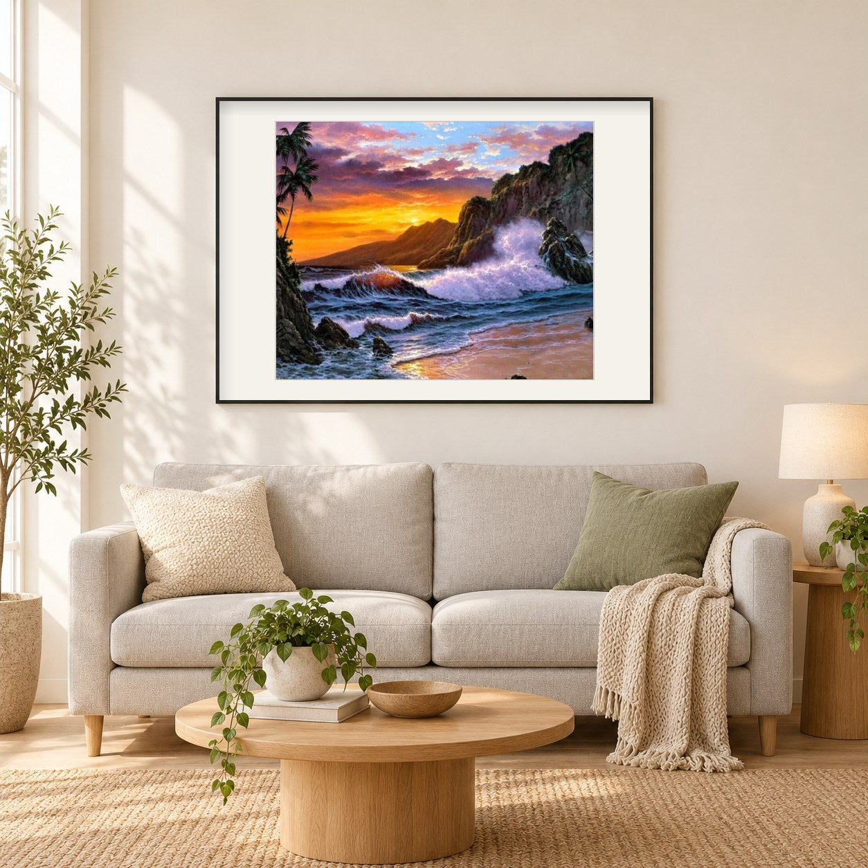Markante Wellen und Sonnenuntergang Himmel als gerahmtes Diamond Painting im Wohnzimmer