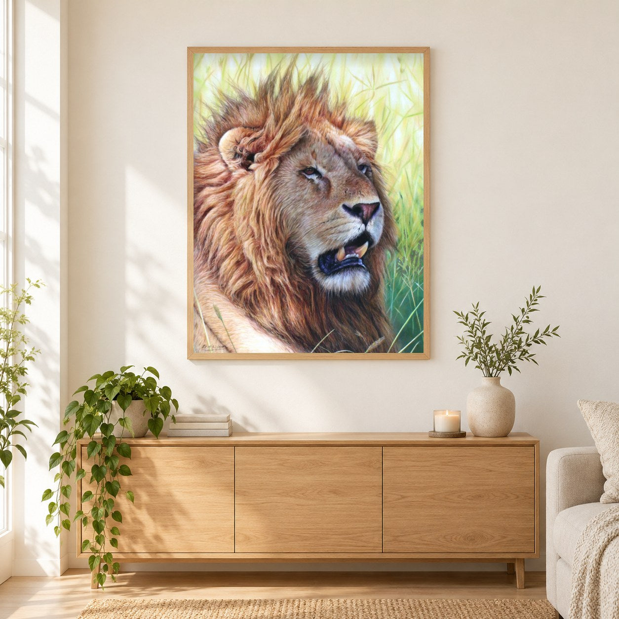 Masai Mara Löwe -  Kunst des Eric Wilson als gerahmtes Diamond Painting im Wohnzimmer