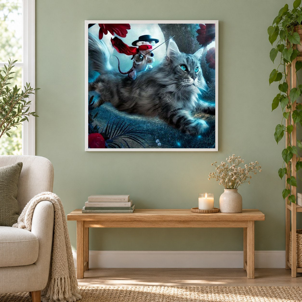 Maus reite die Katze als gerahmtes Diamond Painting im Wohnzimmer