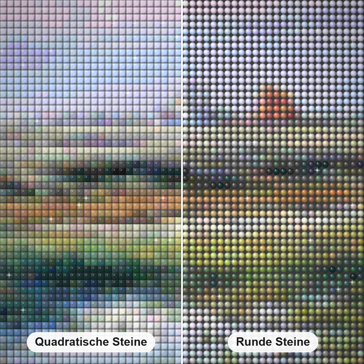 Mai Stimmungen - Kunst des Jonn Einerssen Diamond Painting Nahaufnahme mit quadratischen und runden Steinen