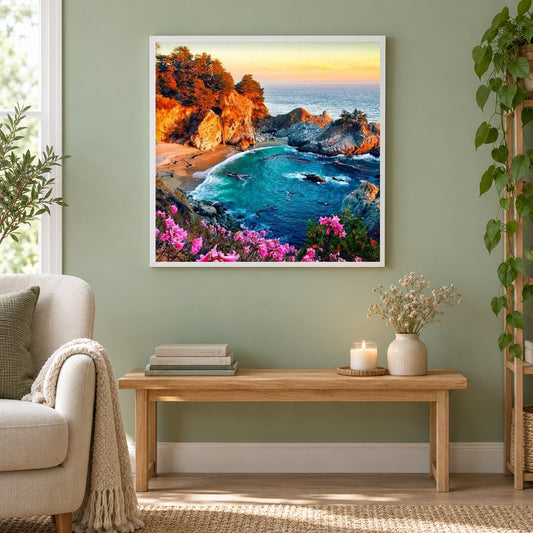 McWay Falls als gerahmtes Diamond Painting im Wohnzimmer
