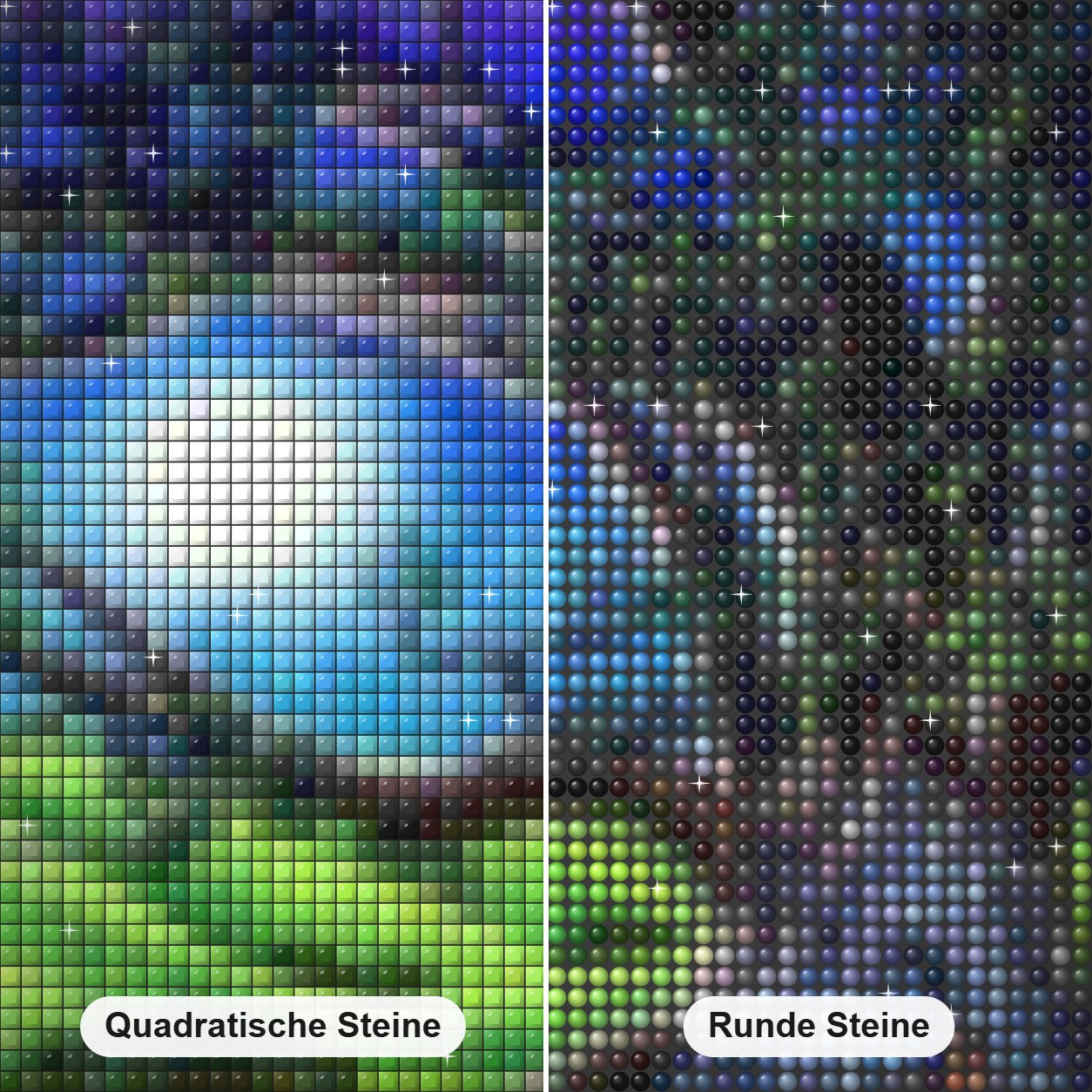 Meditationsbuddha Diamond Painting Nahaufnahme mit quadratischen und runden Steinen
