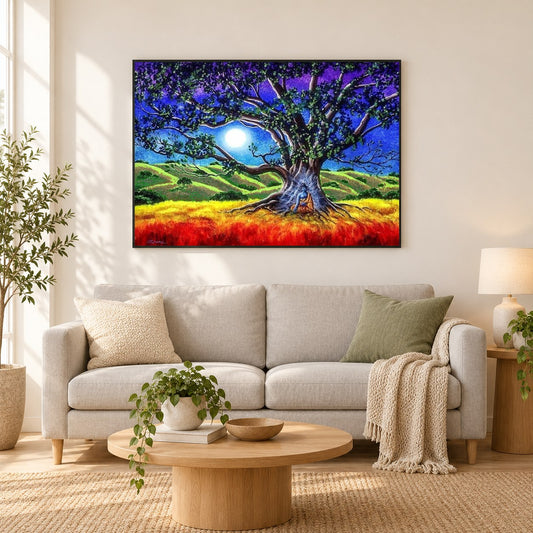 Meditationsbuddha als gerahmtes Diamond Painting im Wohnzimmer
