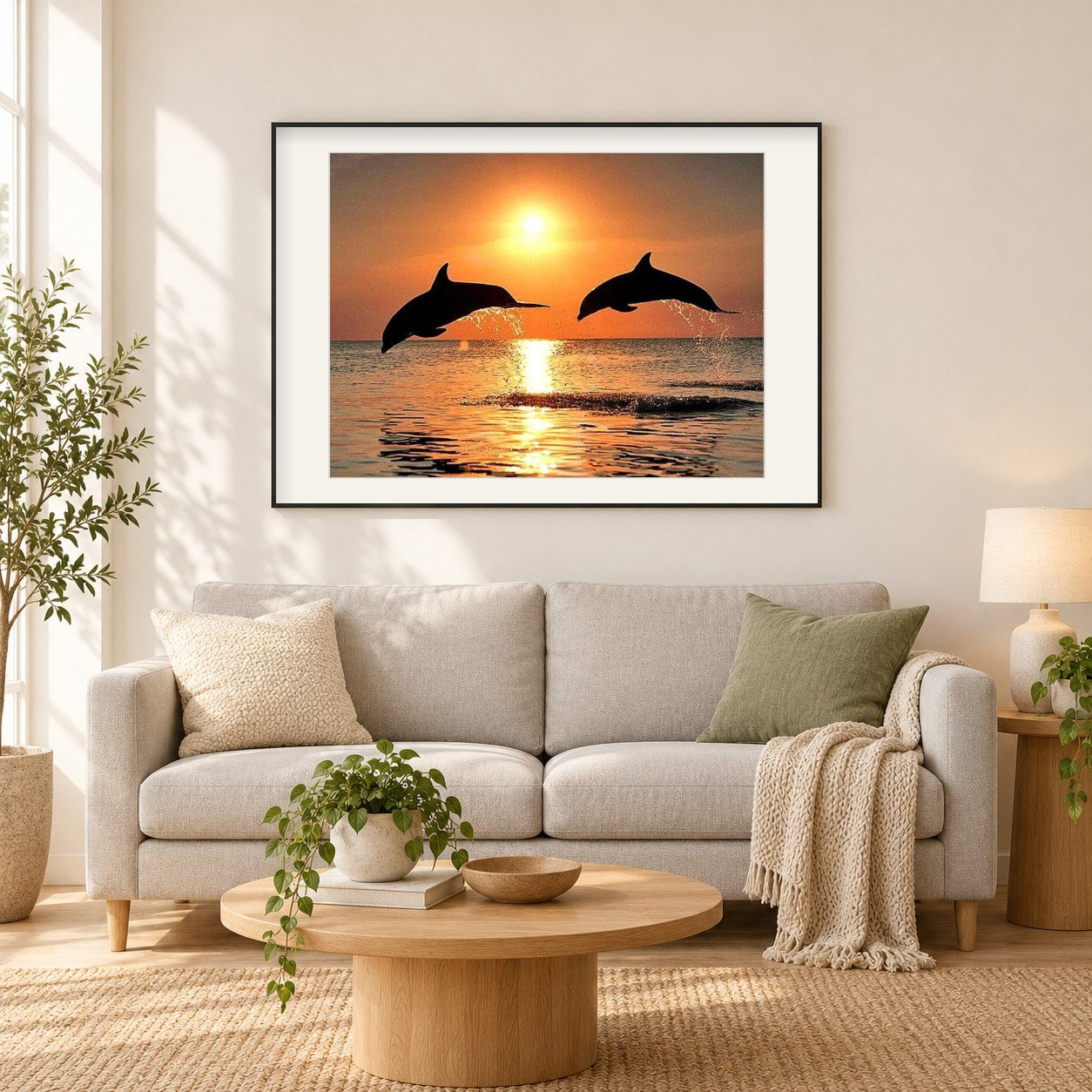 Meer Delfine & Sonnenuntergang Blick als gerahmtes Diamond Painting im Wohnzimmer