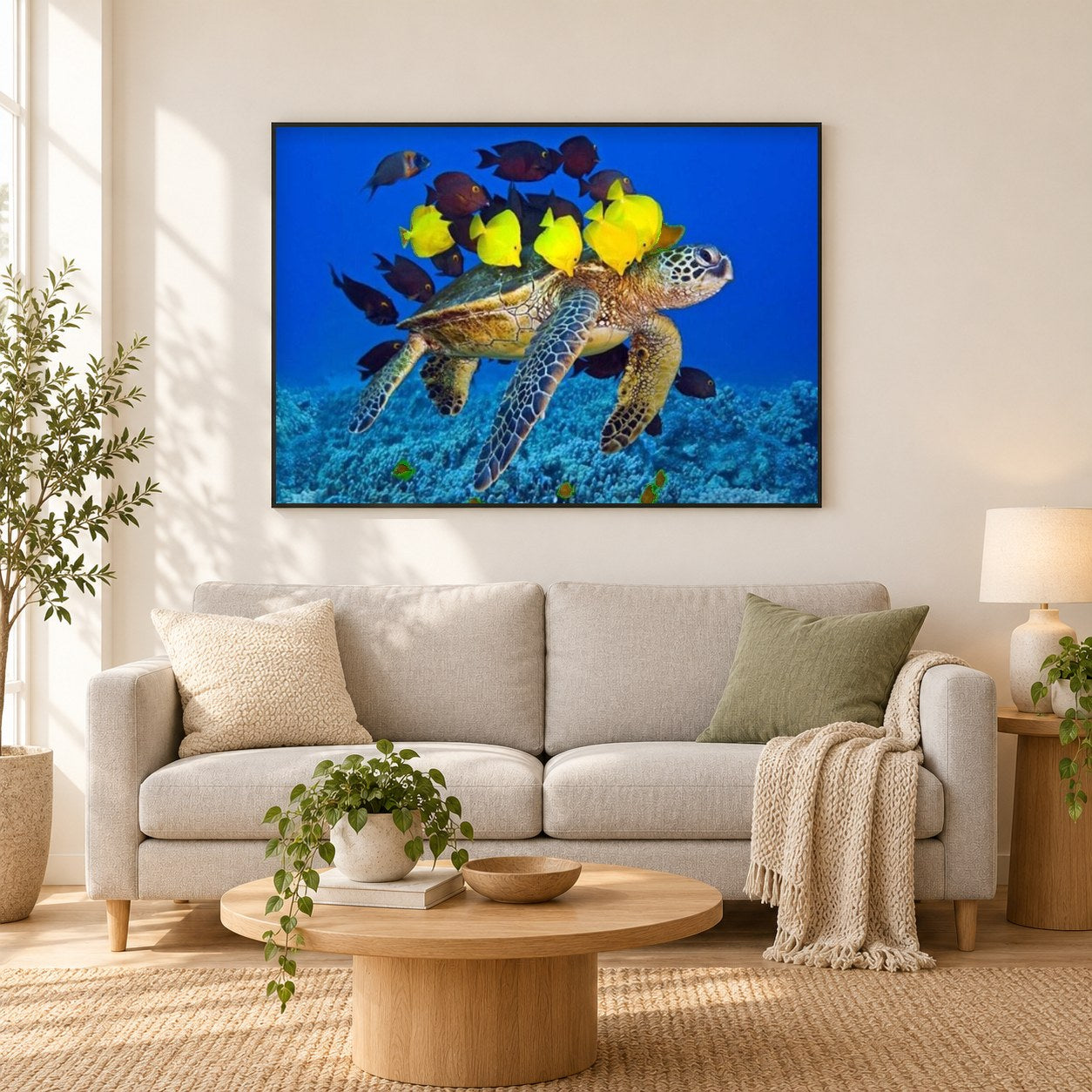 Meeresschildkröte & Fisch als gerahmtes Diamond Painting im Wohnzimmer