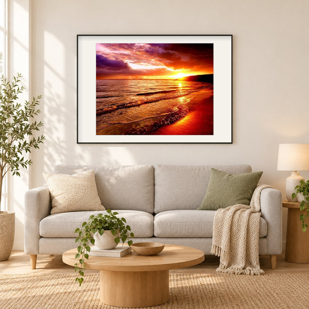 Meereswellen und Sonnenuntergang als gerahmtes Diamond Painting im Wohnzimmer
