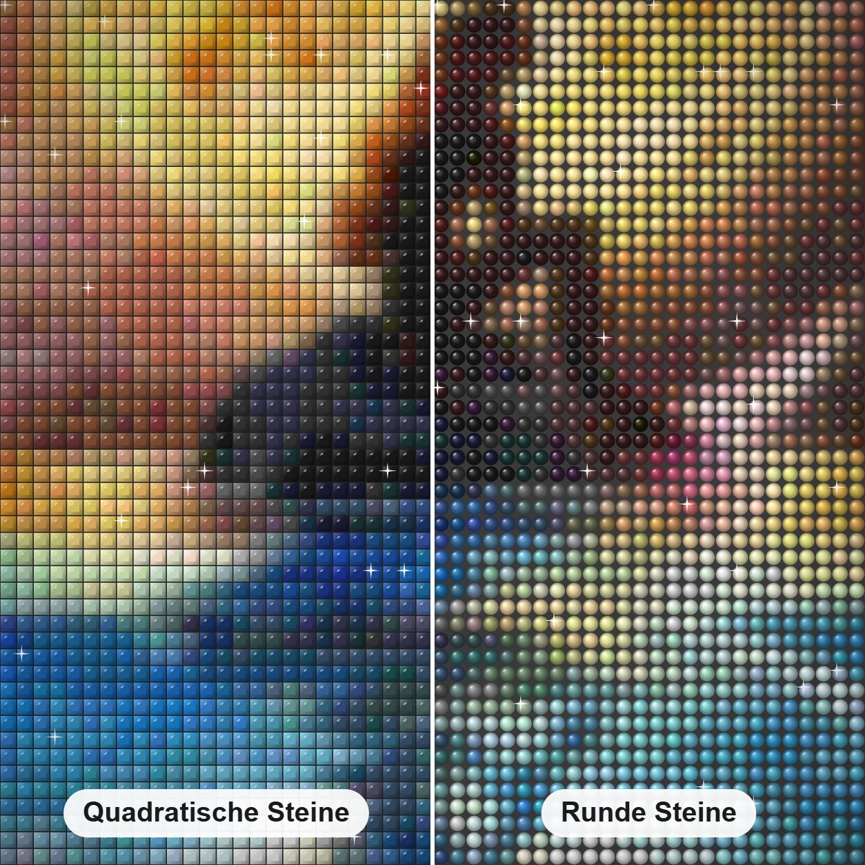 Meerjungfrau & Vollmond Diamond Painting Nahaufnahme mit quadratischen und runden Steinen