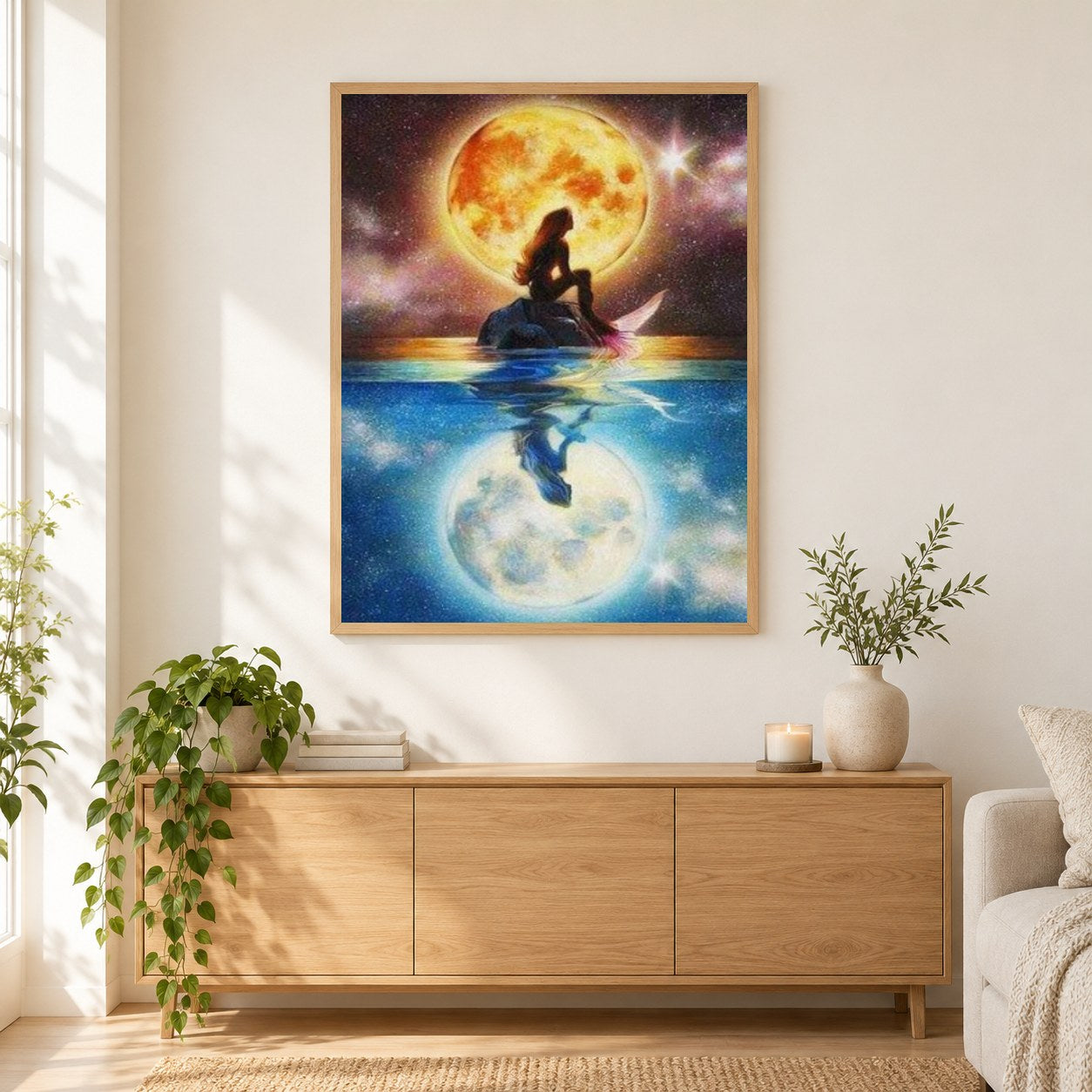 Meerjungfrau & Vollmond als gerahmtes Diamond Painting im Wohnzimmer