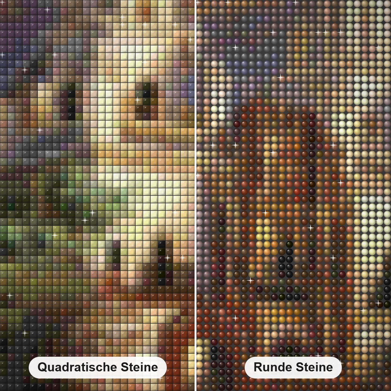 Mexikanische Kirche Diamond Painting Nahaufnahme mit quadratischen und runden Steinen