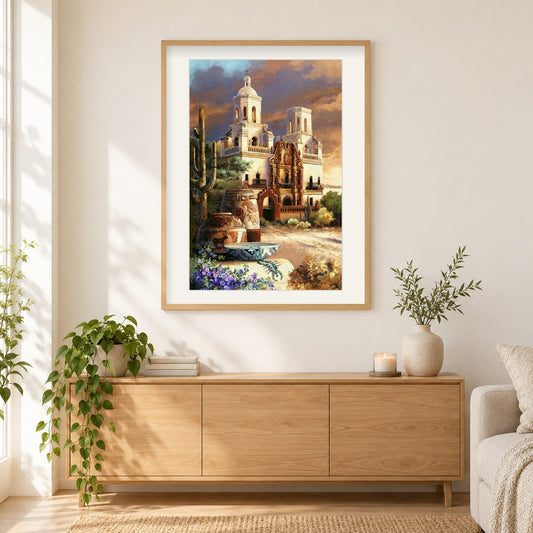 Mexikanische Kirche als gerahmtes Diamond Painting im Wohnzimmer