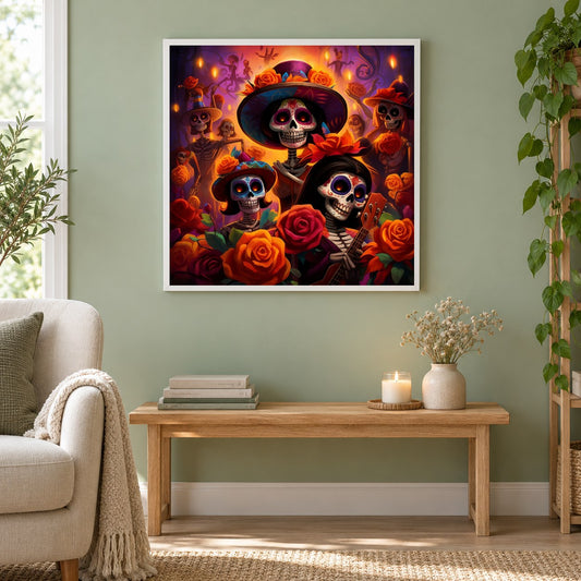 Mitternachtsfeiern mit Skeletten als gerahmtes Diamond Painting im Wohnzimmer