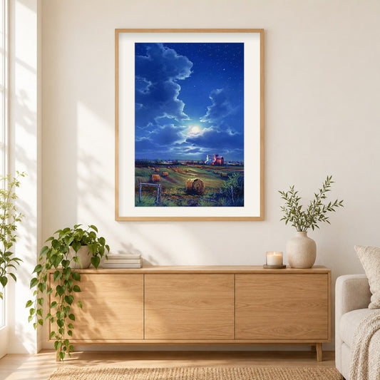 Mitternacht in einem Präriegarten - Kunst des Jonn Einerssen als gerahmtes Diamond Painting im Wohnzimmer