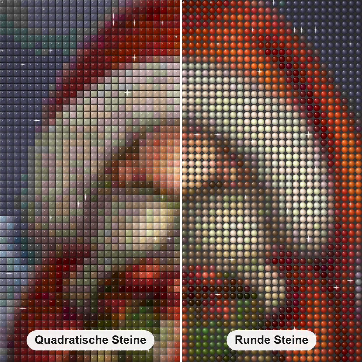 Mini Santa Diamond Painting Nahaufnahme mit quadratischen und runden Steinen