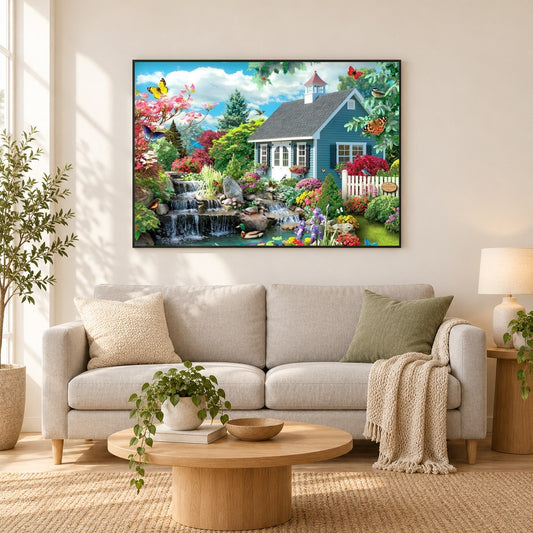 Mini Wasserfall & schönes Haus als gerahmtes Diamond Painting im Wohnzimmer