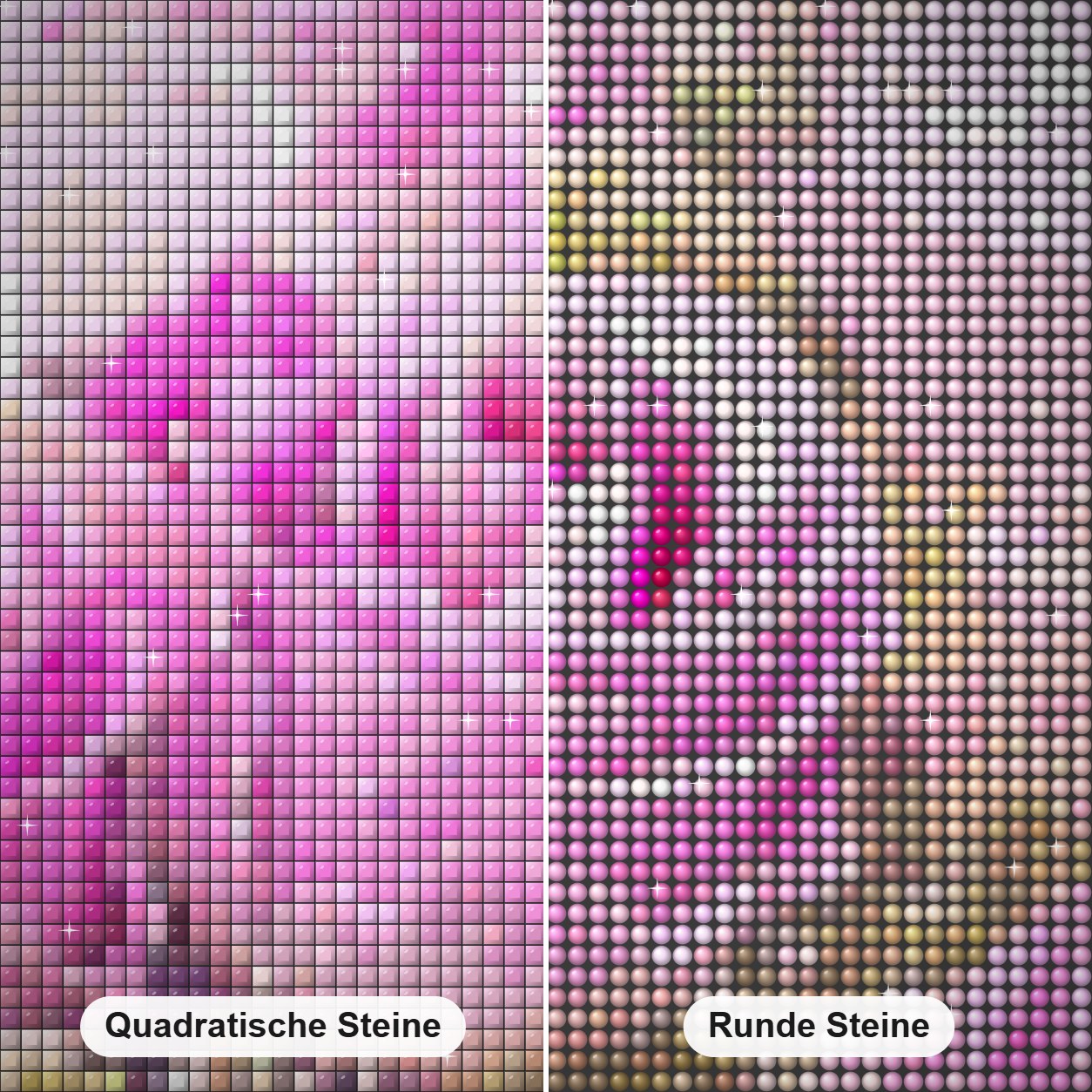 Nebliger Rosenstrauß - Kunst des Denise Dundon Diamond Painting Nahaufnahme mit quadratischen und runden Steinen