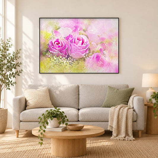 Nebliger Rosenstrauß - Kunst des Denise Dundon als gerahmtes Diamond Painting im Wohnzimmer