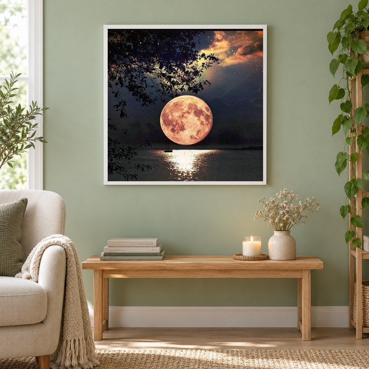 Mond am Meer als gerahmtes Diamond Painting im Wohnzimmer