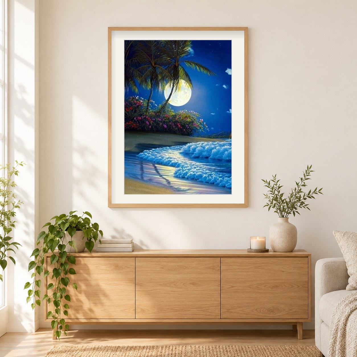 Mond- und Seelandschaft Painting Kit als gerahmtes Diamond Painting im Wohnzimmer
