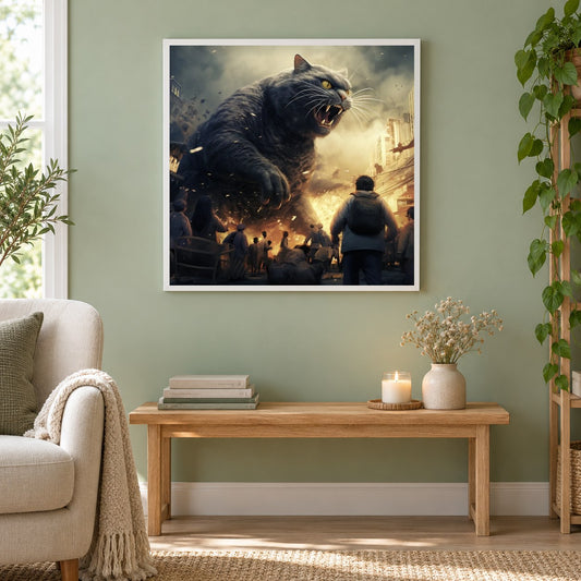 Brüllende Monsterkatze als gerahmtes Diamond Painting im Wohnzimmer