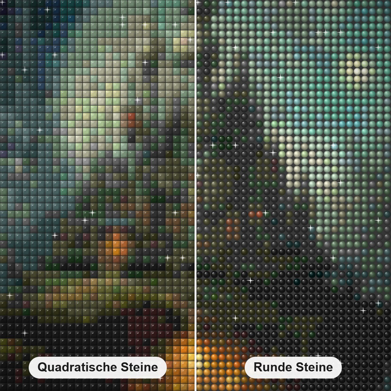 Mondbeschienenes Schloss unter Sternen Diamond Painting Nahaufnahme mit quadratischen und runden Steinen