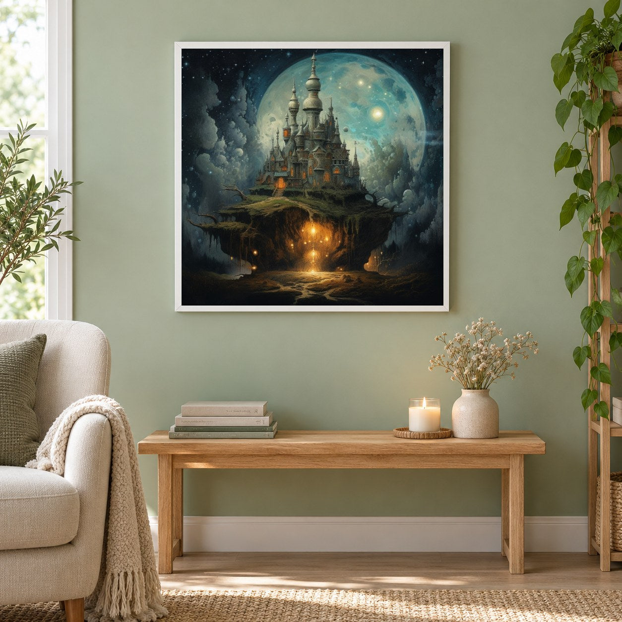Mondbeschienenes Schloss unter Sternen als gerahmtes Diamond Painting im Wohnzimmer