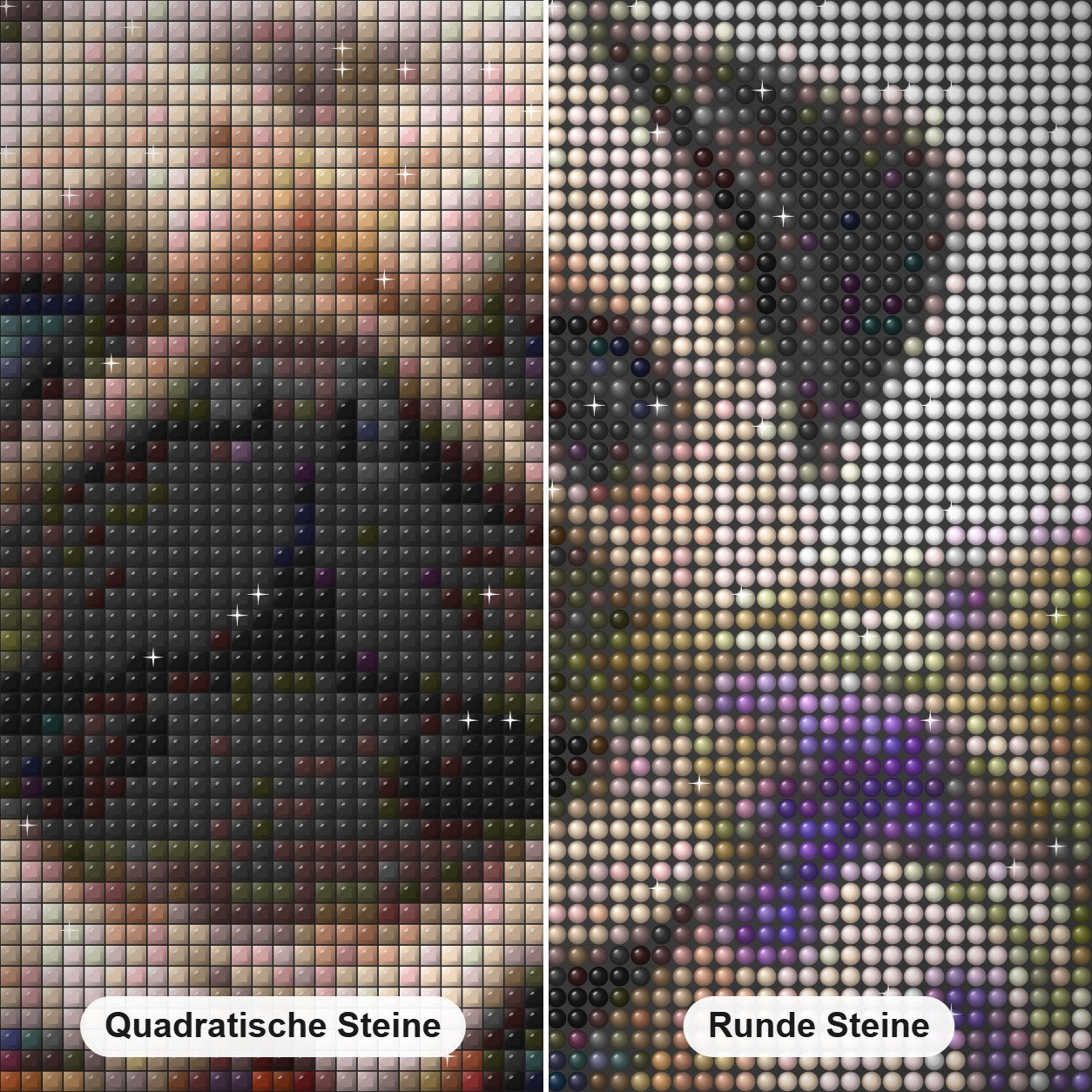 Mops Hund mit Blumen Diamond Painting Nahaufnahme mit quadratischen und runden Steinen