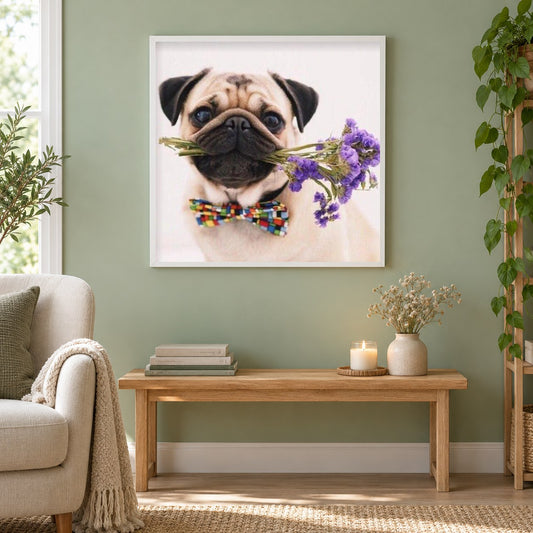 Mops Hund mit Blumen als gerahmtes Diamond Painting im Wohnzimmer