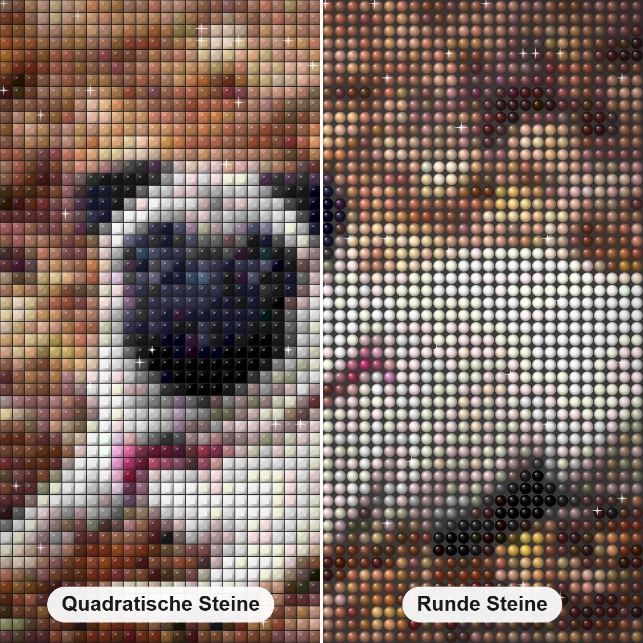 Mops im Wald Diamond Painting Nahaufnahme mit quadratischen und runden Steinen