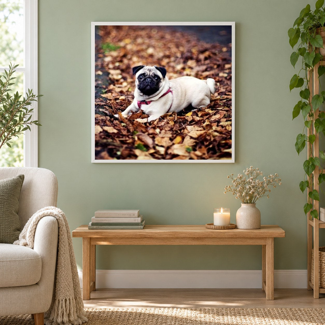 Mops im Wald als gerahmtes Diamond Painting im Wohnzimmer