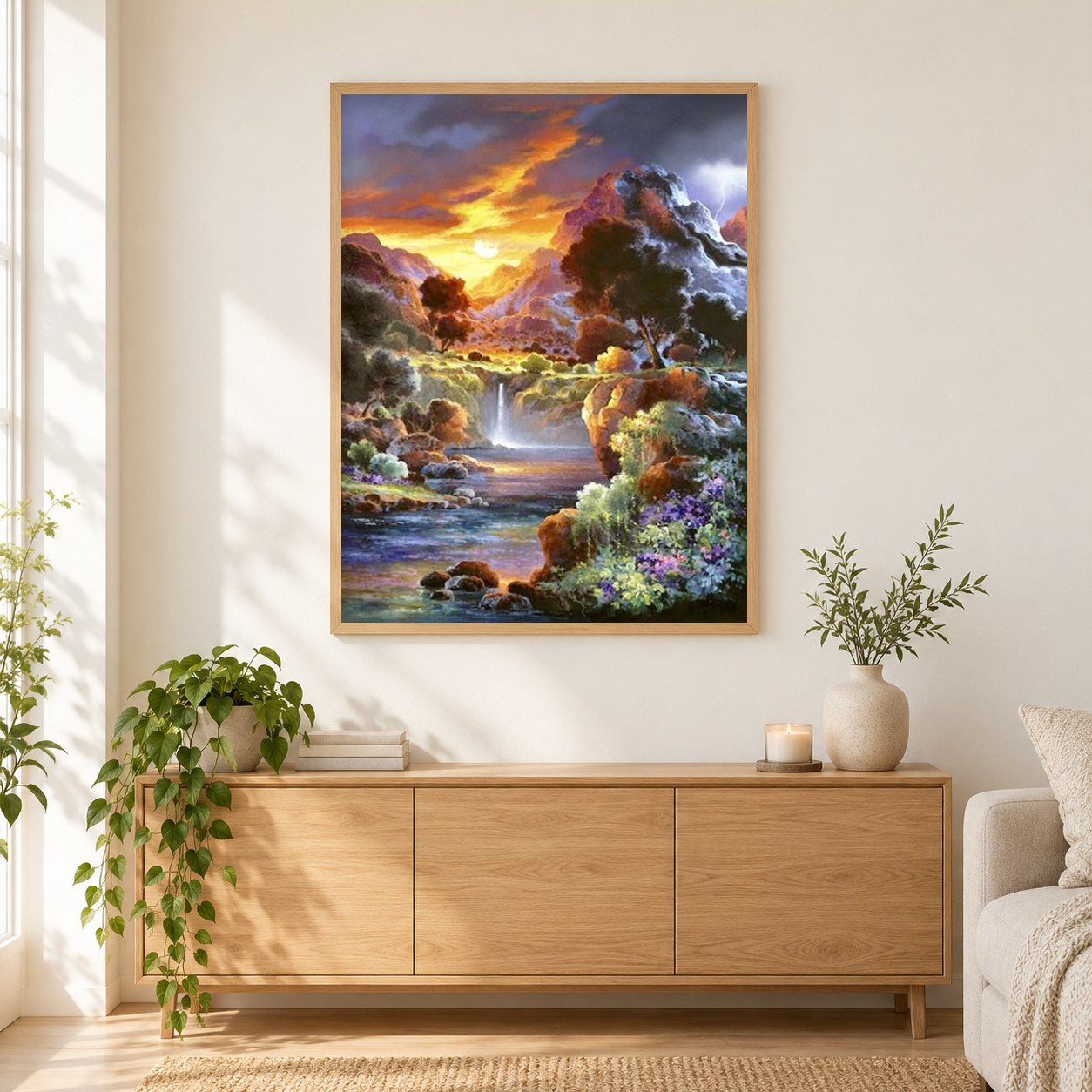 Morgensonne als gerahmtes Diamond Painting im Wohnzimmer