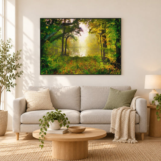 Morgennebel - Kunst des Denise Dundon als gerahmtes Diamond Painting im Wohnzimmer