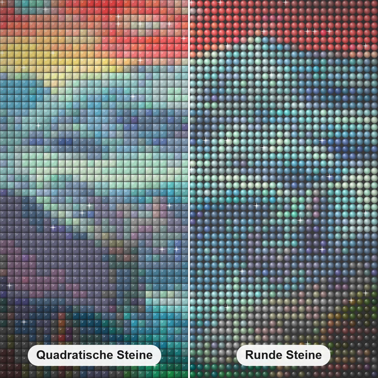 Morgenspaziergang - Kunst des Jonn Einerssen Diamond Painting Nahaufnahme mit quadratischen und runden Steinen