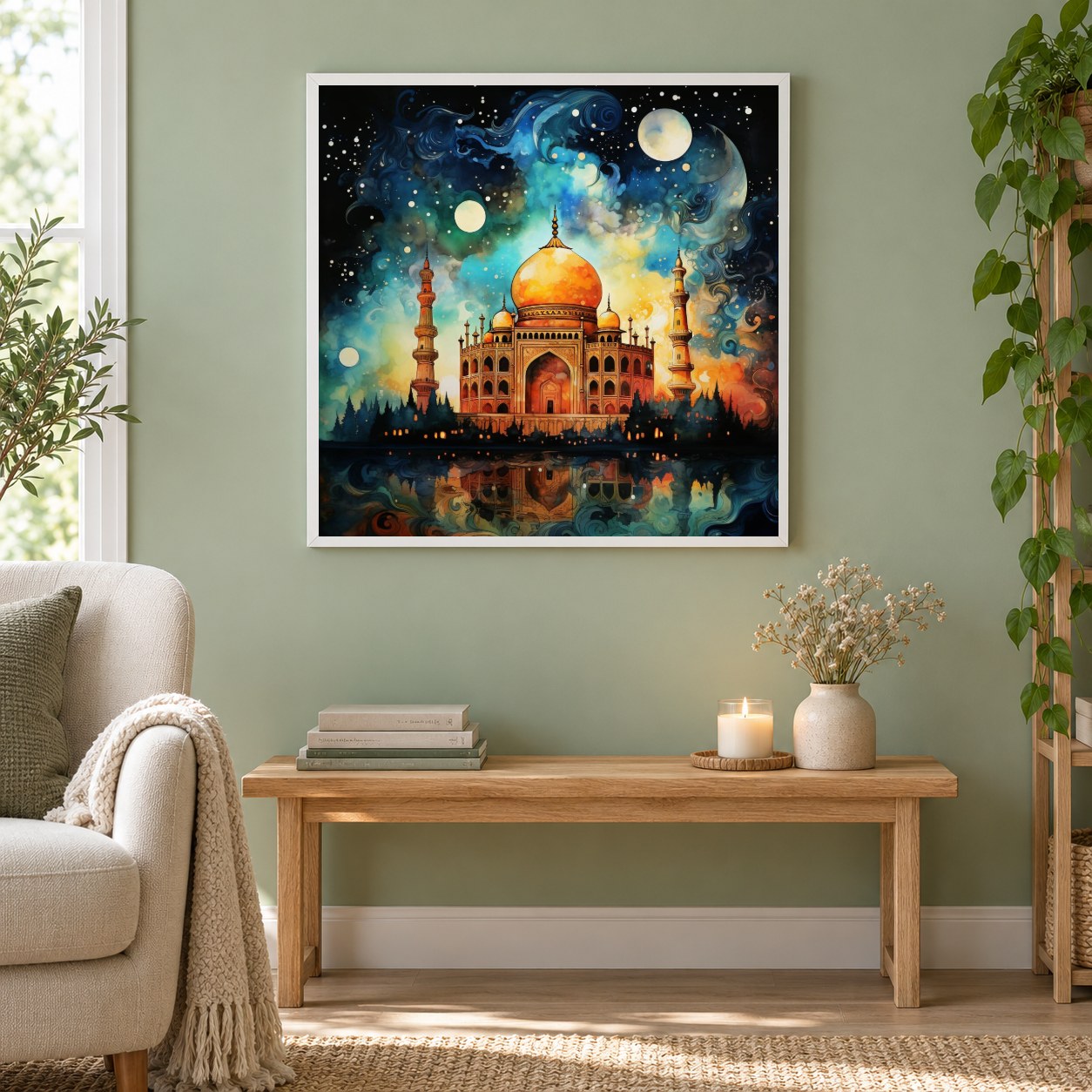 Das majestätische Nachtlicht der Moschee als gerahmtes Diamond Painting im Wohnzimmer