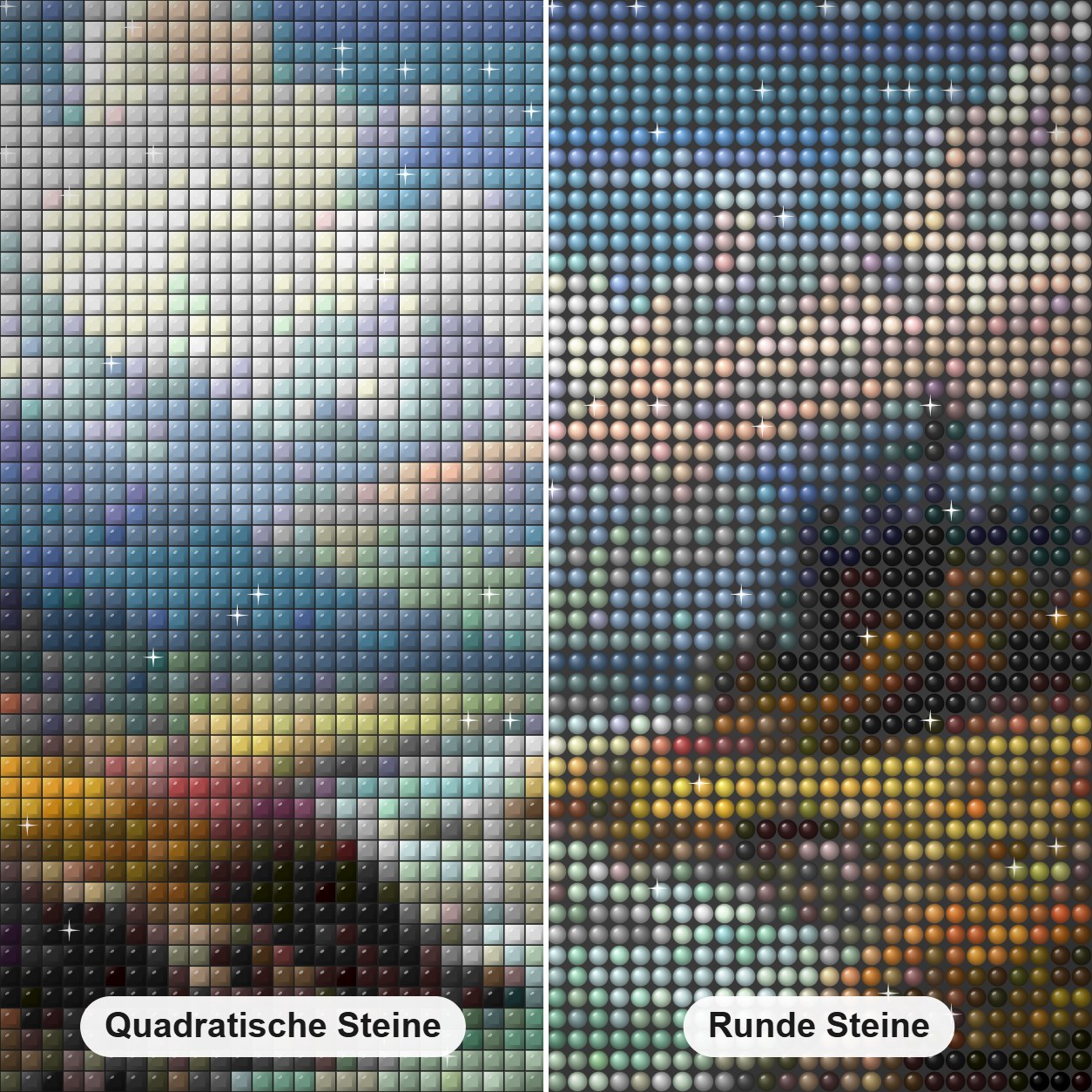 Rückzugsort in den Bergen am Flussufer Diamond Painting Nahaufnahme mit quadratischen und runden Steinen