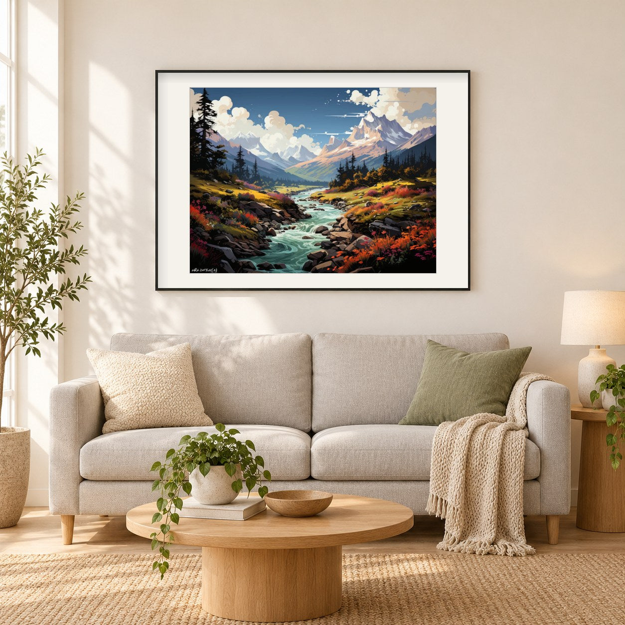 Rückzugsort in den Bergen am Flussufer als gerahmtes Diamond Painting im Wohnzimmer