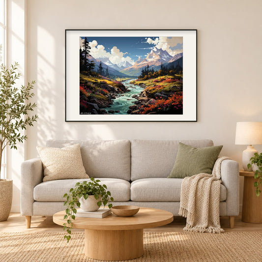 Rückzugsort in den Bergen am Flussufer als gerahmtes Diamond Painting im Wohnzimmer