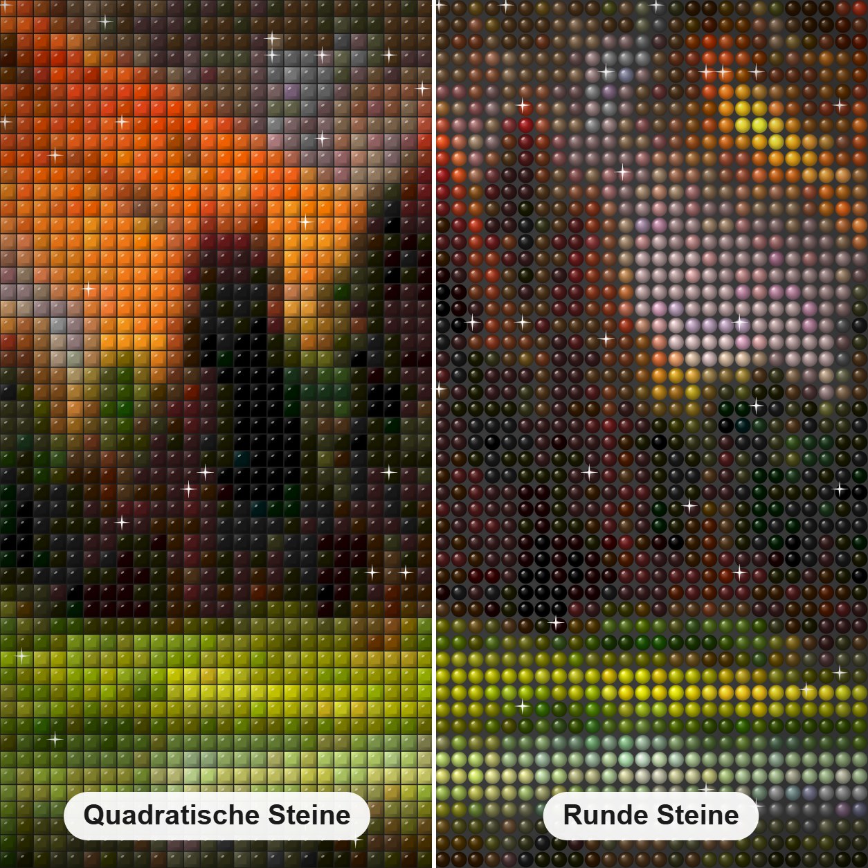 Mountains & Sunshine Diamond Painting Nahaufnahme mit quadratischen und runden Steinen