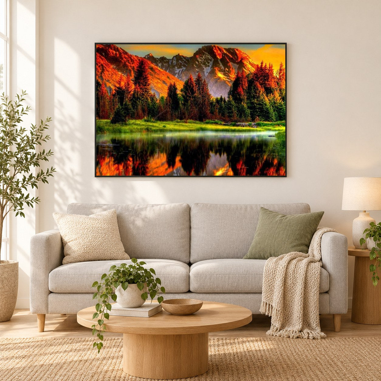 Mountains & Sunshine als gerahmtes Diamond Painting im Wohnzimmer