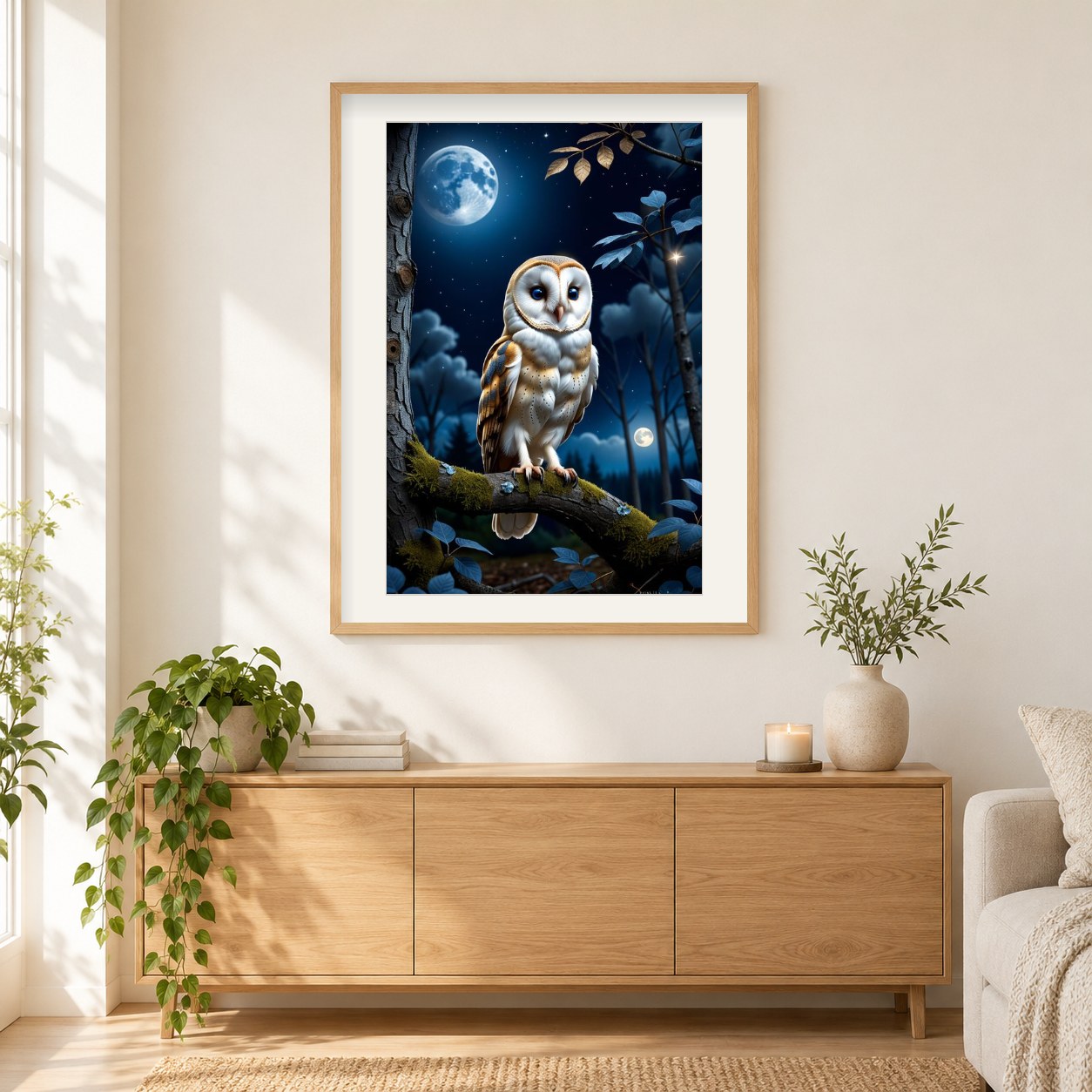 Mr. Owls nächtliche Wache als gerahmtes Diamond Painting im Wohnzimmer