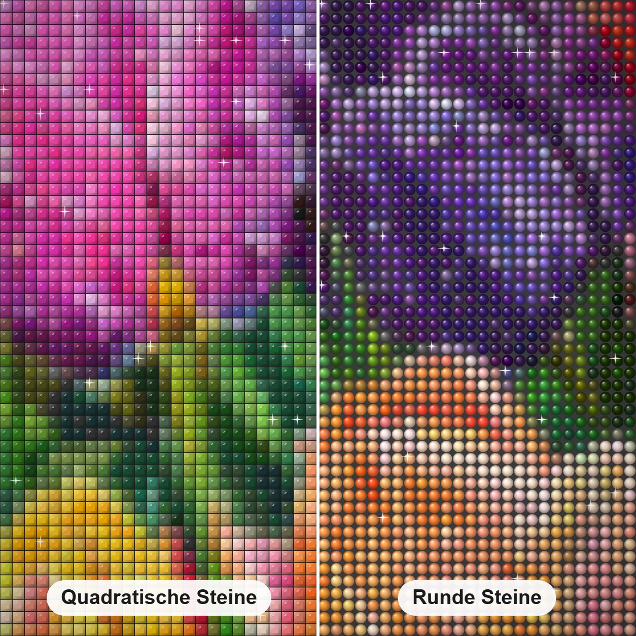 Bunte Tulpen mit Regentropfen Diamond Painting Nahaufnahme mit quadratischen und runden Steinen