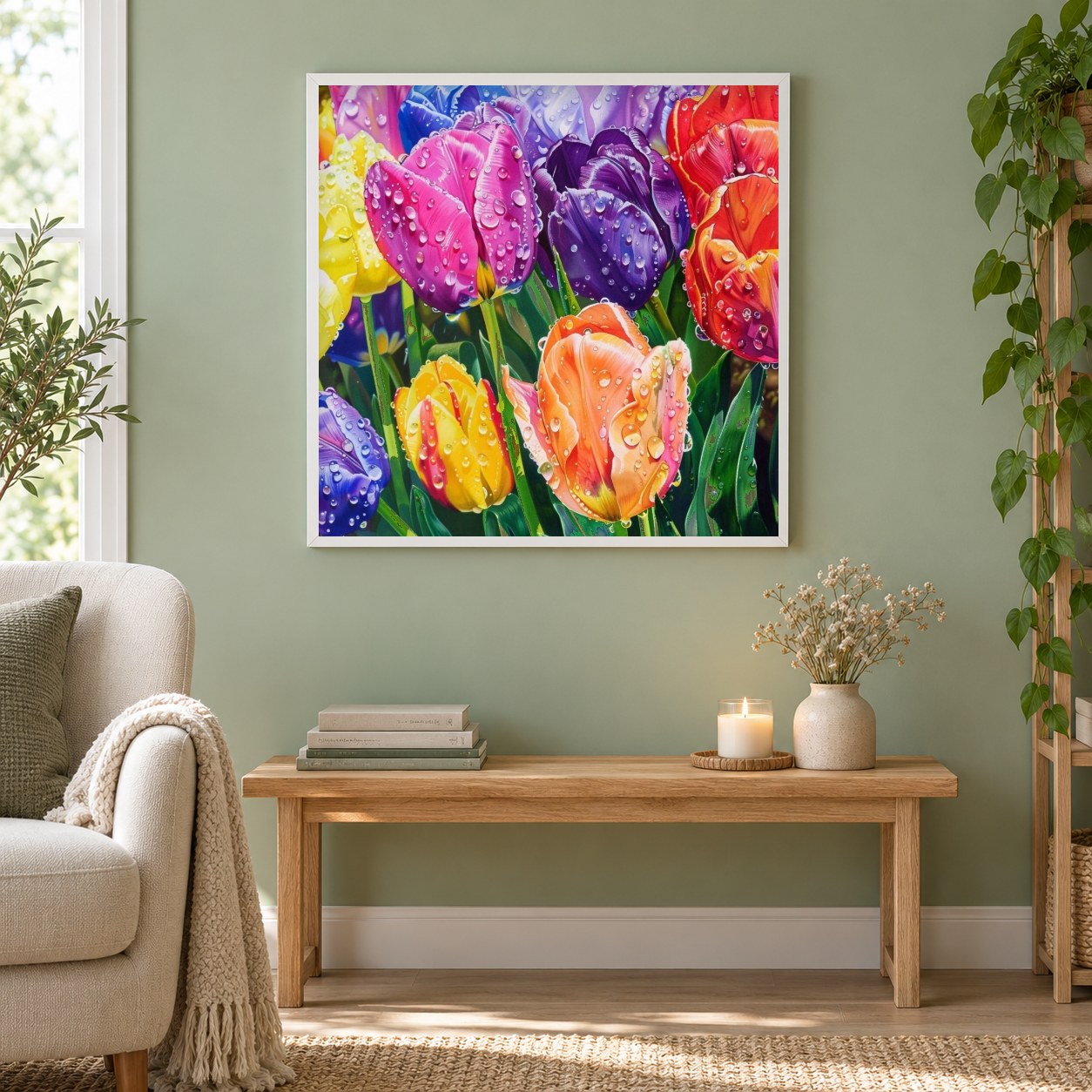Bunte Tulpen mit Regentropfen als gerahmtes Diamond Painting im Wohnzimmer