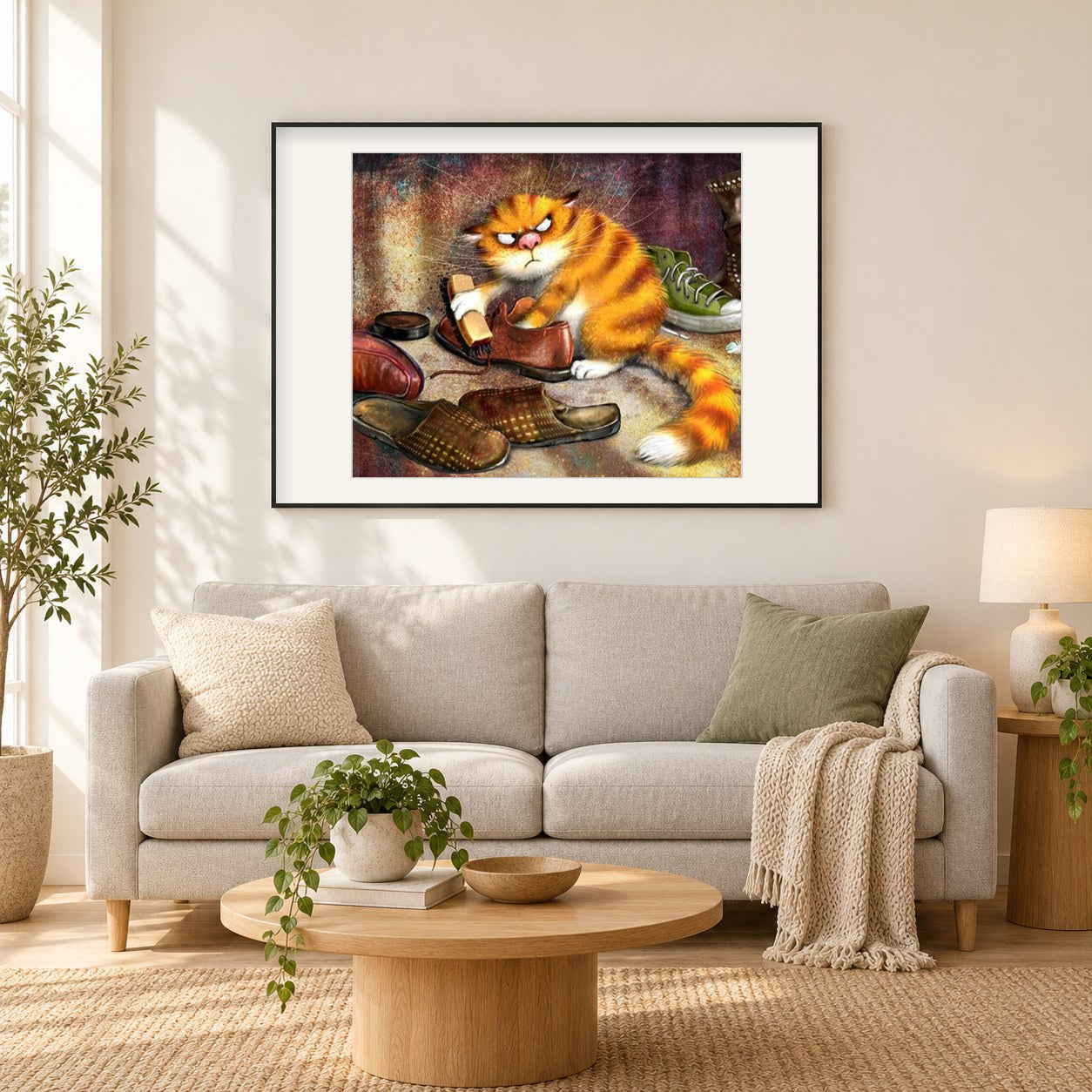 Mürrische Katze als gerahmtes Diamond Painting im Wohnzimmer