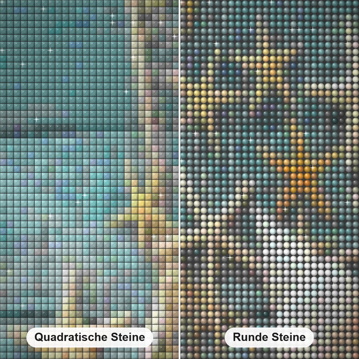 Muscheln Diamond Painting Nahaufnahme mit quadratischen und runden Steinen