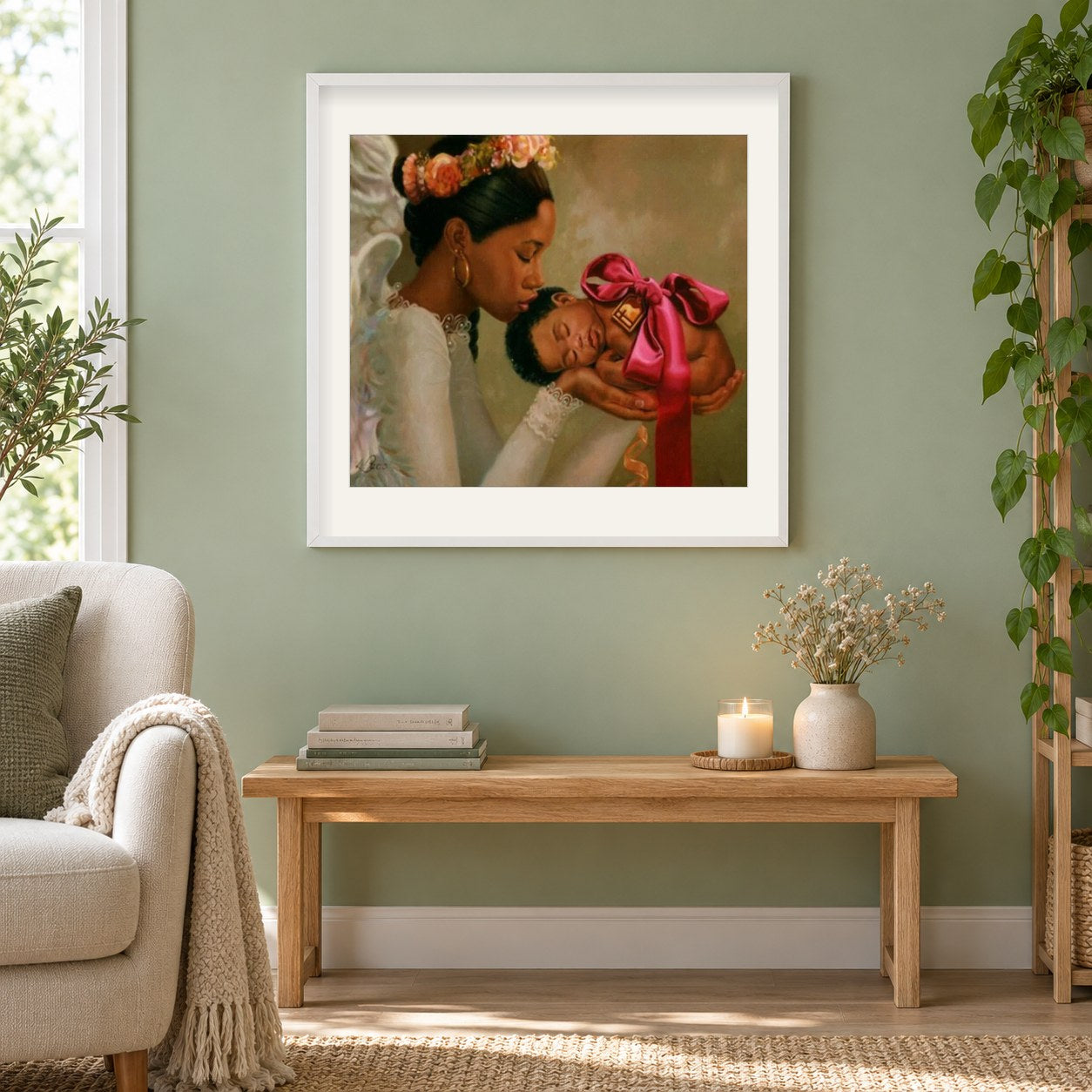 Mutter & Babys Liebe als gerahmtes Diamond Painting im Wohnzimmer