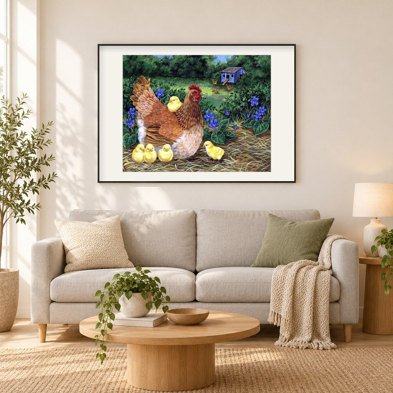 Mutter Henne mit kleinen Küken als gerahmtes Diamond Painting im Wohnzimmer